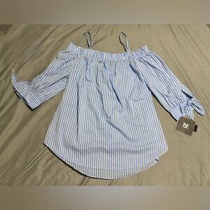 NWT Iz Byer Blue and White X- large Striped Off-Shoulder Blouse